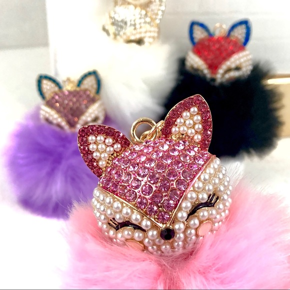 🛍️ Fox Pom W/Rhinestone Keychain Charm Keyring - Picture 2 of 6